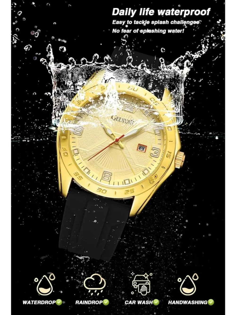 Men's Black And Gold Analog Quartz Stylish Waterproof Silicone Band Wrist Watch